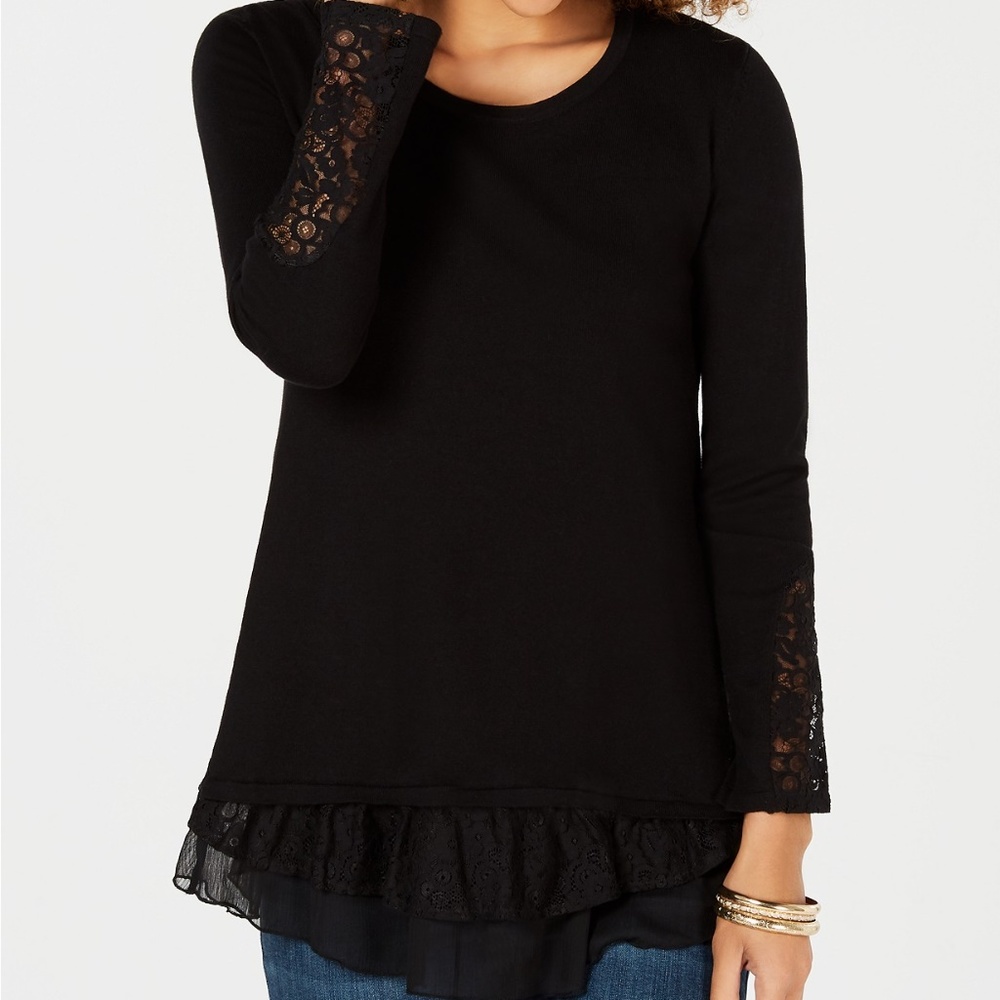 Style & Co Lace Trim Scoop Neck Sweater Black Lg - Picture 1 of 7